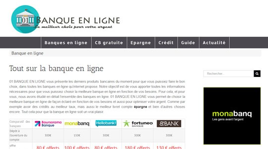 Page d’accueil du site La gestion des comptes en ligne, avec 01banque en ligne