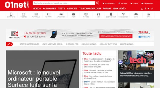 Page d’accueil du site Nouveautés et actualités sur les technologies de pointe, avec 01net