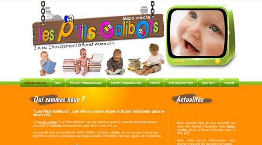 Page d’accueil du site Micro crèche « Les Ptits Galibots » à Roost Warendin proche de Douai dans le Nord (59)