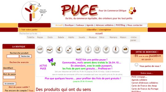Page d’accueil du site PUCE, bio, commerce équitable, créateurs pour bébés et enfants