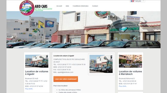 Page d’accueil du site Location de voitures au Maroc