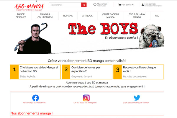 Page d’accueil du site Abonnement BD et manga personnalisé
