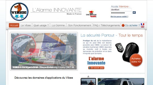 Page d’accueil du site Alarme antivol Vibee