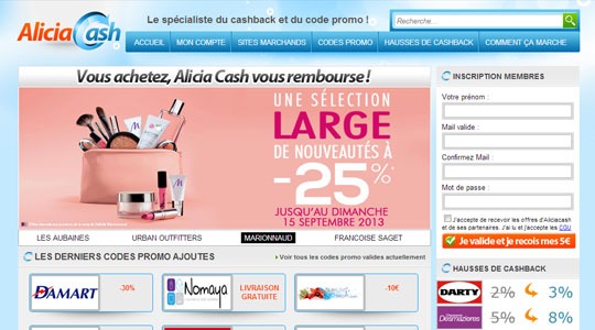 Page d’accueil du site Faire des économies grâce au cashback et aux codes réductions d’Aliciacash