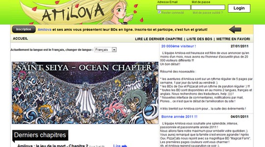 Page d’accueil du site Amilova : le meilleur de la BD en ligne