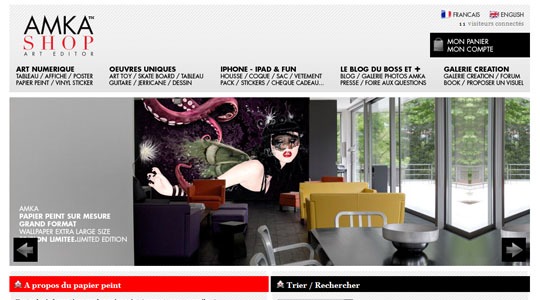 Page d’accueil du site AmkaShop, l’art numérique comme objet de décoration