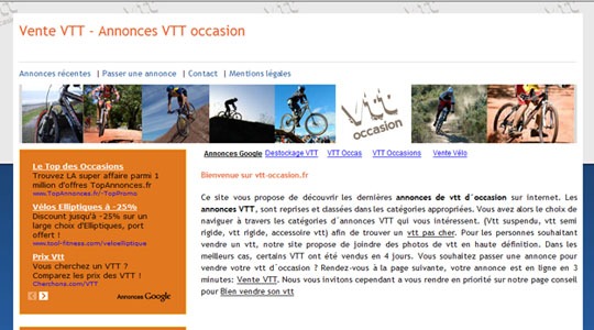 Page d’accueil du site Vtt occasion, vente de vtt