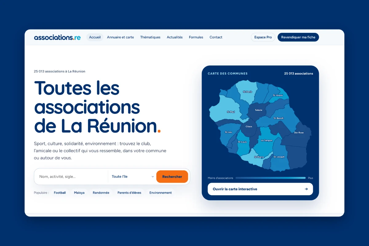 Aperçu du site associations.re : recherche et carte des associations des 24 communes de La Réunion