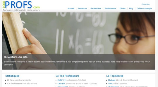 Page d’accueil du site 1000profs annuaire de recherches de profs particuliers