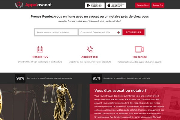 Page d’accueil du site Rendez-vous en ligne avec un avocat ou un notaire