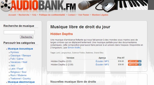 Page d’accueil du site Acheter de la musique libre de droits sur Audiobank