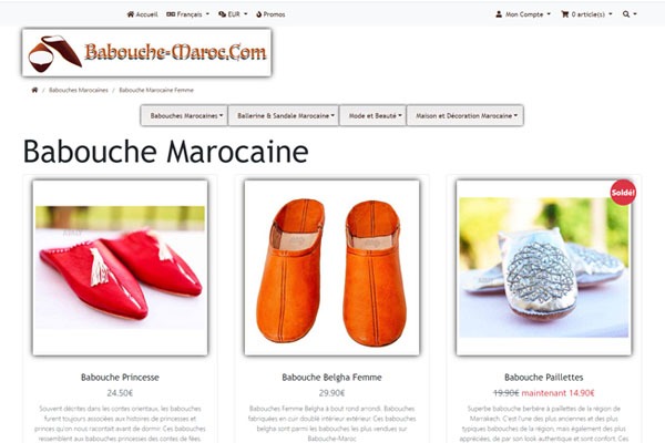 Page d’accueil du site Vente en ligne de décoration et de babouches marocaines authentiques