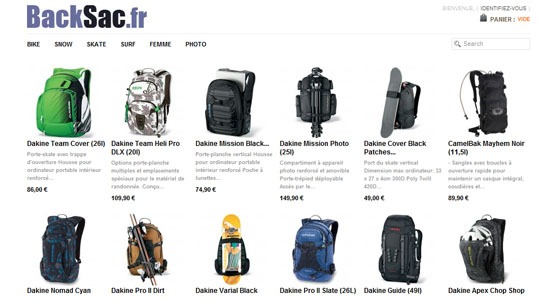 Page d’accueil du site Vente de sac a dos dakine sur Backsac.fr