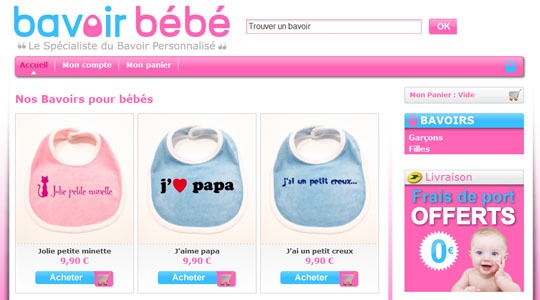 Page d’accueil du site Bavoirs bébé personnalisés