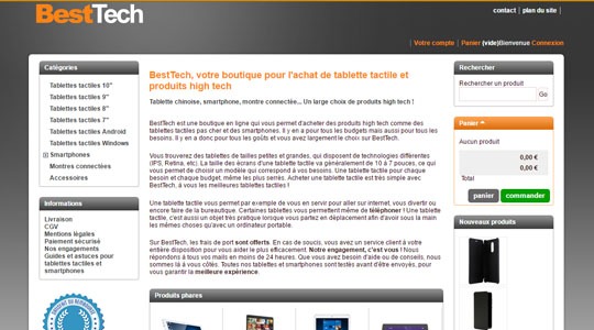Page d’accueil du site Vente de tablettes tactiles et téléphones de marque chinoise