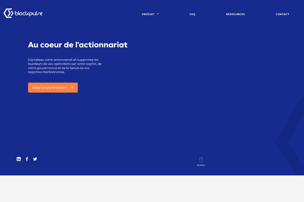 Page d’accueil du site Digitalisation de l’actionnariat avec Blockpulse