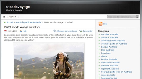 Page d’accueil du site Un an en WHV Australie : Sacs de voyage