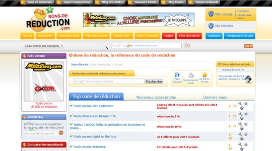 Page d’accueil du site Bons de réduction, la référence du code promo !