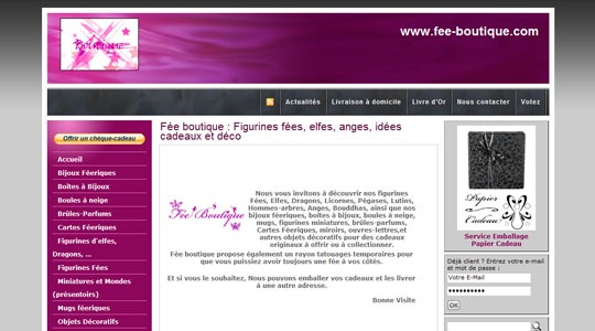 Page d’accueil du site Figurines fées, elfes, anges, idées cadeaux et déco sur Fée boutique