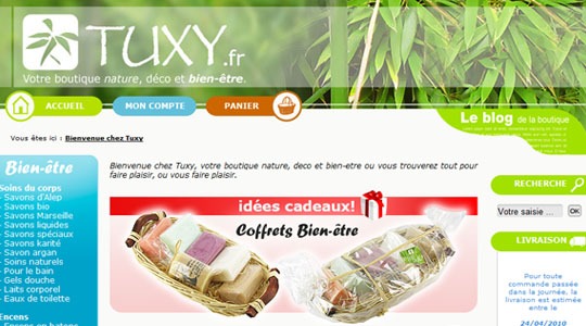 Page d’accueil du site Tuxy : votre boutique nature, déco et bien-être