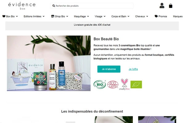Page d’accueil du site Box Evidence : des produits de beauté bio et de qualité