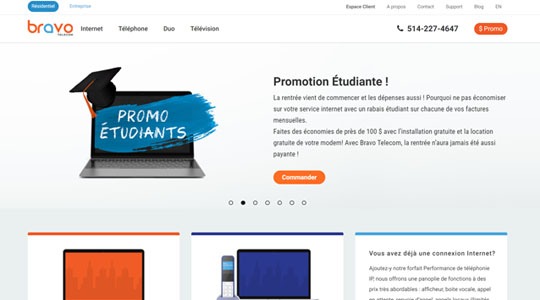 Page d’accueil du site Internet, téléphone, TV avec Bravo Telecom au Québec