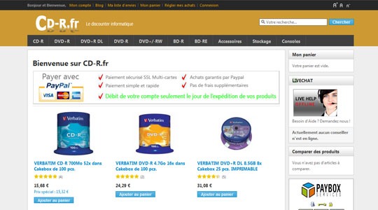 Page d’accueil du site CD-R.fr, le site discount en consommables informatiques