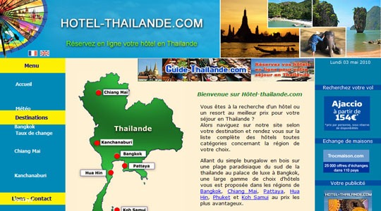Page d’accueil du site Decouvrez notre selection d’hotels en Thailande