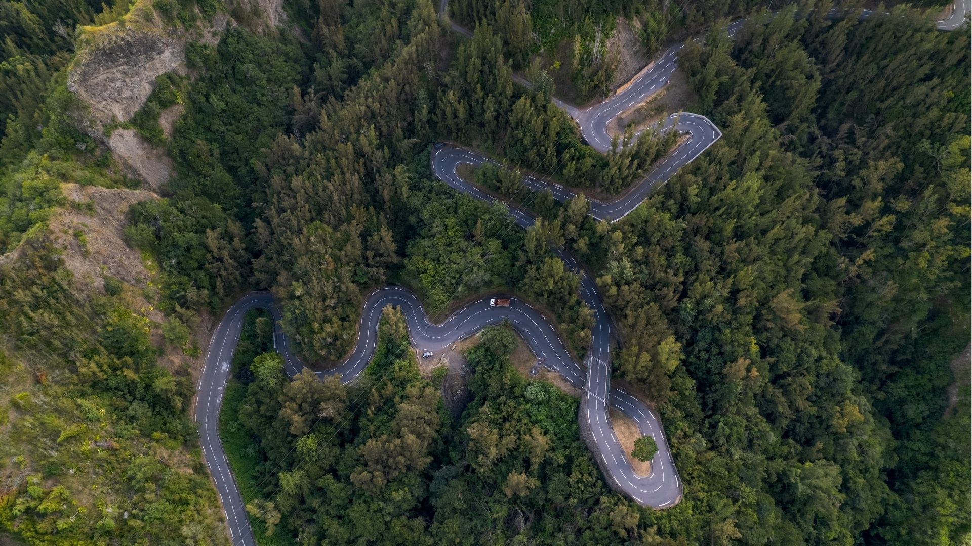Route à virages traversant la forêt en direction de Cilaos