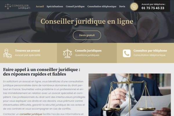 Page d’accueil du site Consultation juridique par téléphone d’avocat spécialisé