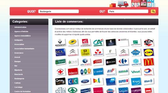 Page d’accueil du site Trouver des coordonnées de magasins et de professionnels en quelques clics