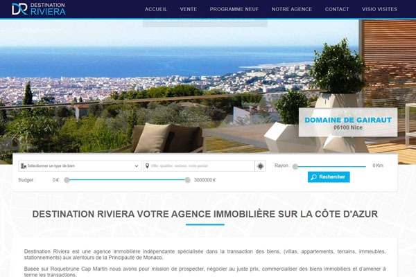 Page d’accueil du site Agence immobilière Destination Riviera sur la Côte d’Azur
