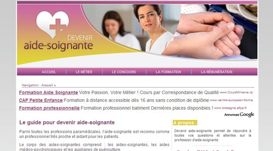 Page d’accueil du site Un site d’informations pour exercer le métier d’aide-soignante