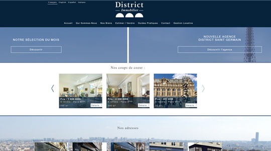 Page d’accueil du site District Immobilier agence immobilière de luxe sur Paris