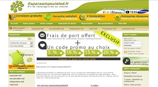 Page d’accueil du site Une boutique en ligne d’éclairage LED, avec Espace ampoule LED