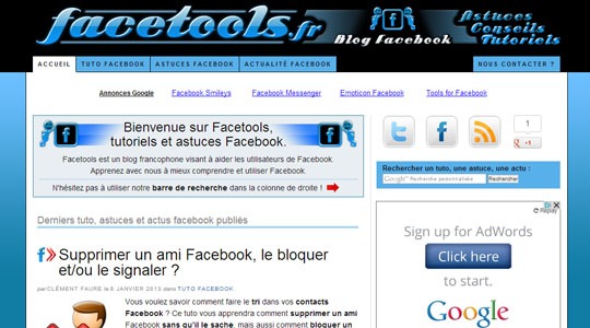 Page d’accueil du site Facetools, le guide pour utiliser Facebook facilement