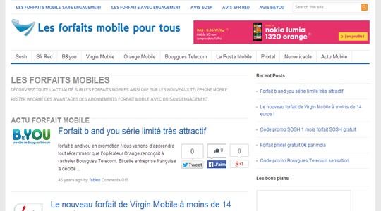 Page d’accueil du site Tous les bons plans en matière de forfaits mobile