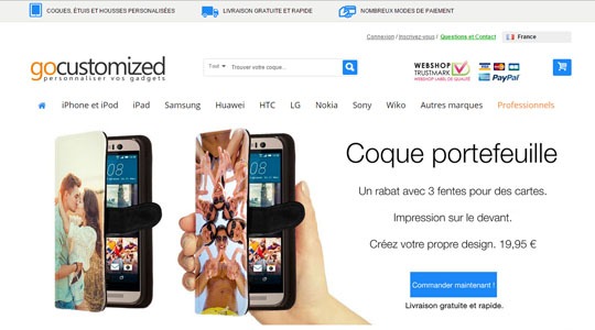Page d’accueil du site Une coque personnalisée pour son smartphone ou sa tablette, avec GoCustomized