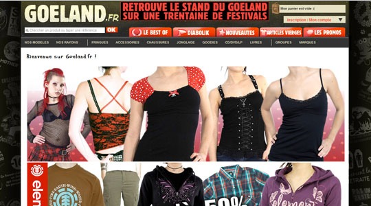 Page d’accueil du site Goeland.fr : spécialiste du merch et de la vente de fringues et d’accessoires rock