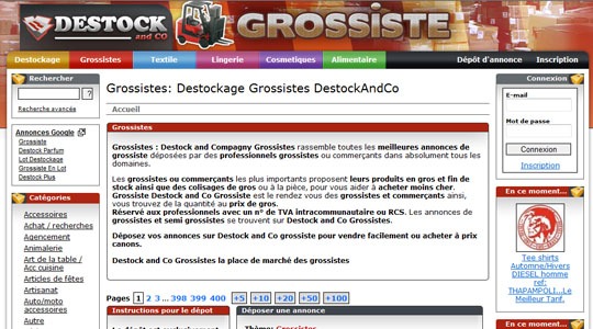 Page d’accueil du site Les annonces de grossistes sans commissions Destockandco Grossiste