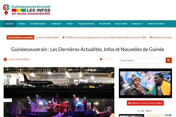 Page d’accueil du site Guinéesouverain.com : Votre source d’actualités en temps réel sur la Guinée