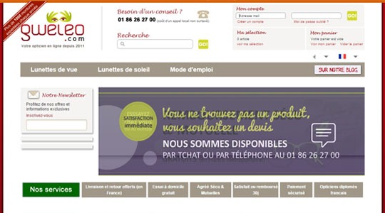 Page d’accueil du site Des lunettes moins chères avec Gweleo