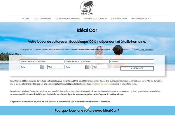 Page d’accueil du site Location voiture en Guadeloupe avec Ideal Car