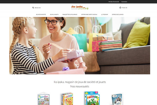 Page d’accueil du site Ika ipaka, magasin en ligne de jeux de société et jouets