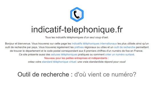 Page d’accueil du site Le téléphone pour les particuliers et les entreprises avec Indicatif téléphonique
