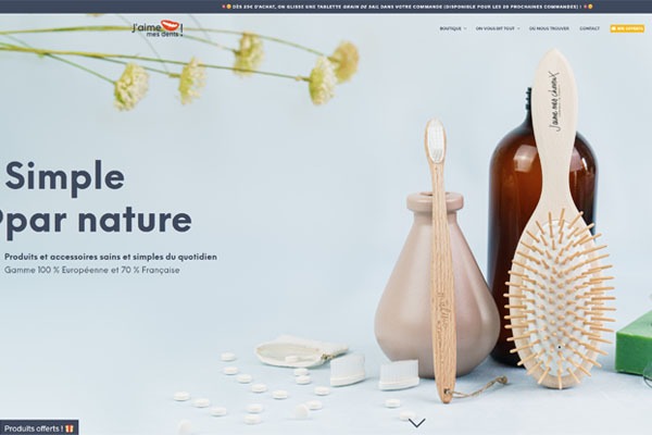 Page d’accueil du site J’aime mes dents, brosse à dents et produits écologiques pour la salle de bain