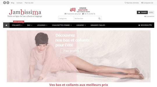 Page d’accueil du site Acheter des collants et des bas sur Jambissima