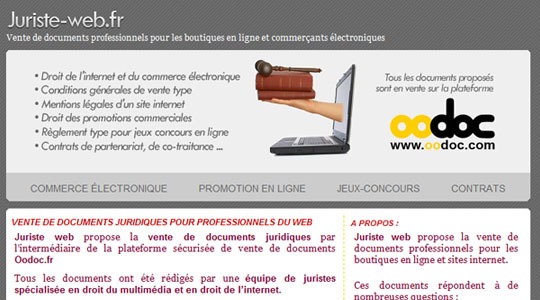 Page d’accueil du site Ventes de documents juridiques pour professionnels et commerçants électroniques