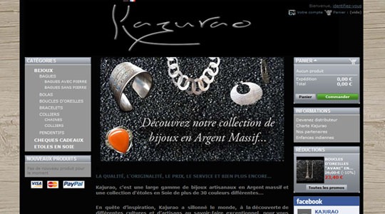 Page d’accueil du site Kajurao, bijoux artisanaux en Argent massif