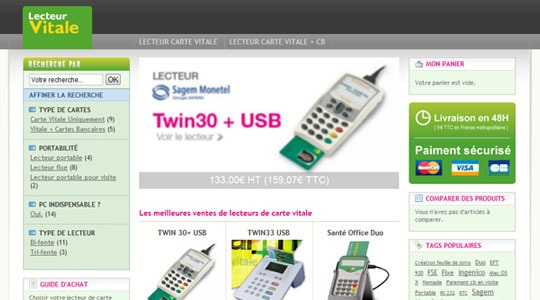 Page d’accueil du site Lacartevitale.com : Vente en ligne de lecteur de carte vitale